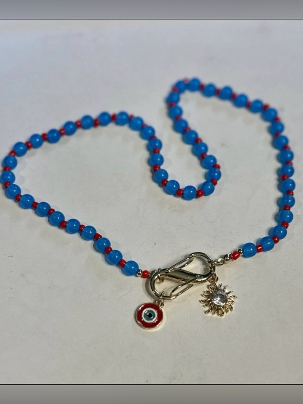 MAYAMAR 24k Gold Plated Sun Evil Eye Charm Necklace with Turquoise & Red Beads